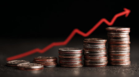An image featuring stacks of coins with a rising line graph in the background, representing financial growth and investment success. Ideal for financial themes.の素材