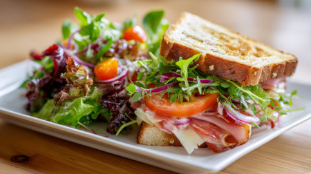 A vibrant sandwich stacked with ham, cheese, and fresh vegetables, paired with a colorful side salad featuring cherry tomatoes for a healthy meal option.の素材
