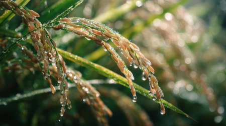 Close-up image of dew-kissed rice grains with glistening droplets, surrounded by lush greenery in the gentle morning light, capturing organic beauty and agricultural richness.の素材
