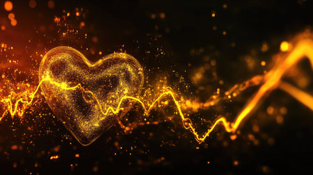 A captivating golden heart symbol surrounded by glowing sparkles and dynamic pulse lines, perfect for themes of love, wellness, and energy.の素材
