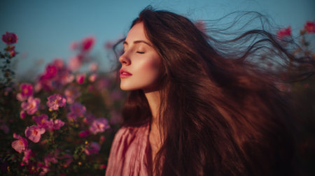 A serene woman with long flowing hair enjoys a peaceful moment in a field of pink flowers under a bright blue sky, radiating natural beauty and tranquility.の素材