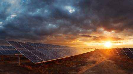 A stunning view of solar panels in a field during sunset, showcasing the interplay of light and shadow against dramatic clouds, symbolizing renewable energy and innovation.の素材