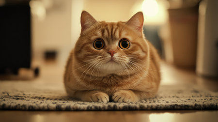 This image features a cute ginger cat with large expressive eyes resting on a cozy rug. The warm indoor lighting enhances its adorable appearance, showcasing its playful nature.の素材