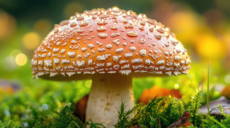 This close-up image captures a vibrant mushroom adorned with water droplets, nestled among lush moss. The soft bokeh effect adds depth to the natural scene.の素材