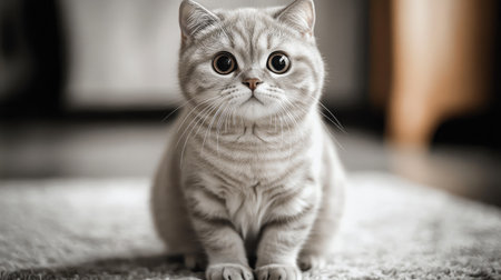 This adorable gray cat with big round eyes sits peacefully on a soft carpet, embodying the comfort and charm of a domestic pet in a serene indoor setting.の素材