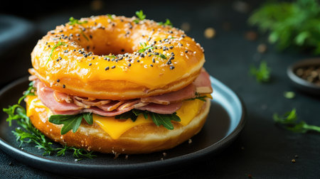 A vibrant donut sandwich featuring layers of ham, cheese, and fresh greens. Perfect for a unique breakfast or snack option, this dish combines flavors and textures.の素材