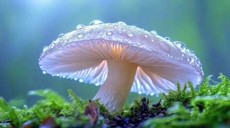 A stunning close-up of a glowing mushroom adorned with dew drops. This enchanting forest scene captures the beauty of nature and tranquility.の素材