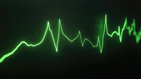 Abstract visualization of a green heartbeat pulse line, illustrating rhythmic patterns typical in medical monitors, ideal for health and wellness themes.の素材
