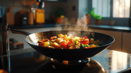 A vibrant stir-fry of fresh colorful vegetables sizzling in a modern kitchen. The steam rising adds an inviting touch to this healthy cooking scene.の素材