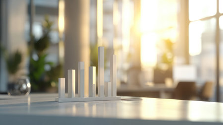 A sleek modern graph stands on a table in a bright office. The warm light enhances the ambiance, reflecting growth and business success in a contemporary workspace.の素材