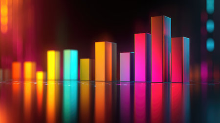 A vibrant and colorful abstract bar graph showcasing data trends and insights. The modern design features bright bars against a reflective surface, perfect for business analytics.の素材
