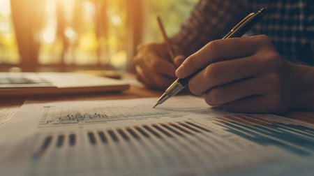 A close-up view of a hand writing on business documents with charts and graphs. The warm lighting creates a productive atmosphere for financial analysis.の素材