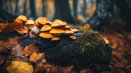 A close-up view of vibrant orange mushrooms growing on a mossy log amidst dry autumn leaves in a serene forest setting, showcasing nature's beauty.の素材
