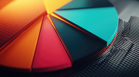 A vibrant pie chart on a textured dark surface, perfect for portraying data analytics, business insights, or creative presentations in a modern design style.の素材