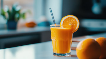 A vibrant glass of fresh orange juice garnished with a slice of orange, set in a bright kitchen. Perfect for a healthy, refreshing drink.の素材