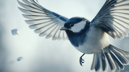 A vibrant blue bird gracefully flying with its wings outstretched, capturing a moment of freedom and beauty in the serene outdoor environment.の素材