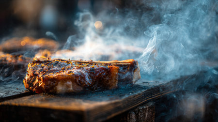 A mouthwatering grilled steak sits on a wooden surface, surrounded by wisps of smoke from the charcoal fire, showcasing culinary art in an outdoor setting.の素材