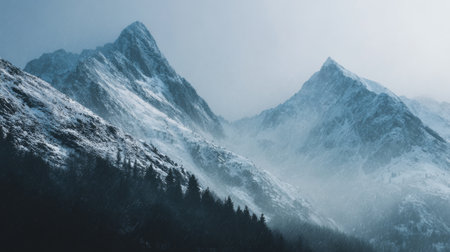 This dramatic image showcases towering snow-capped mountains engulfed in a mystical fog, evoking feelings of serenity and grandeur in a winter landscape.の素材