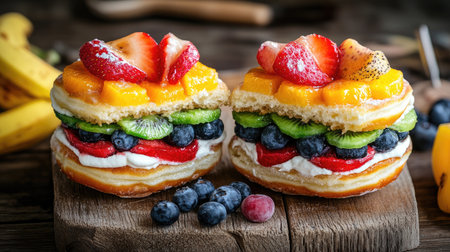 A delightful and colorful fruit dessert featuring layers of fresh strawberries, blueberries, kiwi, and mango atop a fluffy pastry. Perfect for celebrations and summer gatherings.の素材