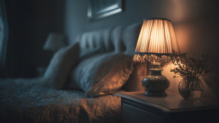 A tranquil bedroom scene featuring a softly illuminated lamp beside a neatly made bed, creating a cozy and inviting atmosphere perfect for relaxation and comfort.の素材