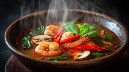 This visually striking bowl of spicy shrimp soup features fresh ingredients and herbs, emanating steam that brings forth an inviting aroma ideal for food lovers.の素材