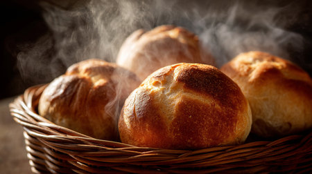 A close-up view of freshly baked round bread rolls served in a wicker basket. Soft steam rises from the golden crust, creating a warm and inviting atmosphere.の素材