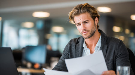 A young businessman in a contemporary office setting is deeply focused while analyzing important documents at his desk, highlighting the essence of professionalism and diligence.の素材