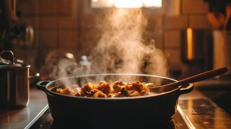 A steaming pot of fresh vegetables simmers on the stove, filling the cozy kitchen with warmth and inviting aromas. Sunlight filters in, creating a serene ambiance.の素材