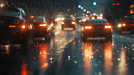 A vibrant night scene showcasing city traffic under rain, with wet roads reflecting colorful lights. The atmosphere captures the dynamic nature of urban life.の素材