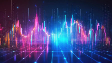 This colorful abstract visualization features a dynamic representation of sound waves with vibrant colors, perfect for illustrating concepts in technology, data, and music.の素材