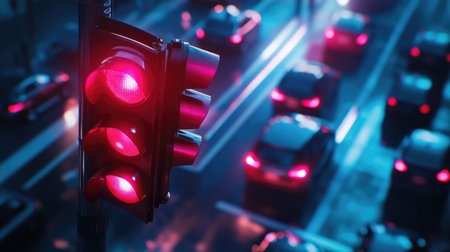 A striking image of a red traffic signal illuminating the night, surrounded by blurred vehicles and vibrant city lights, highlighting urban transportation dynamics.の素材