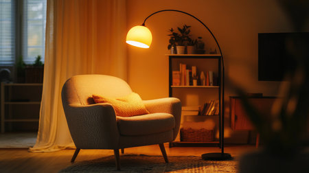 A stylish floor lamp casts a warm glow over a cozy chair in a modern living room setting, creating a peaceful and inviting atmosphere for relaxation.の素材