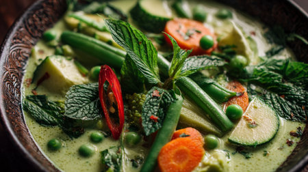 A vibrant vegetable soup showcasing fresh ingredients like green herbs, carrots, and peas. Perfect for healthy meals and culinary inspiration.の素材