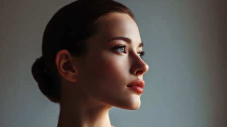 Captivating profile portrait of a young woman that showcases her soft features and expressive eyes, exuding an aura of elegance and natural beauty.の素材