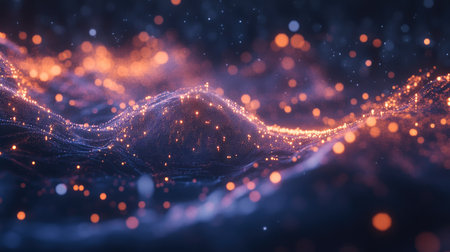 A captivating abstract scene showcasing waves of light and vibrant particles. Perfect for backgrounds, designs, and creative projects, evoking energy and motion.の素材