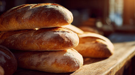 A close-up view of freshly baked artisan bread loaves stacked on a wooden surface, illuminated by warm lighting to create a cozy atmosphere in a rustic setting.の素材