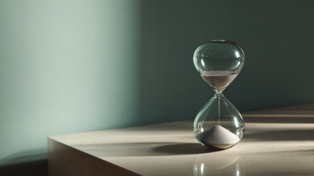 This photo captures a beautiful hourglass on a smooth surface, emphasizing its elegance as it reflects light and casts gentle shadows, symbolizing timeの素材