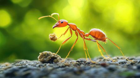 A detailed close-up of an ant in nature, carrying food whilst navigating its environment. This vibrant macro shot showcases the ant's intricate features and its natural habitat.の素材