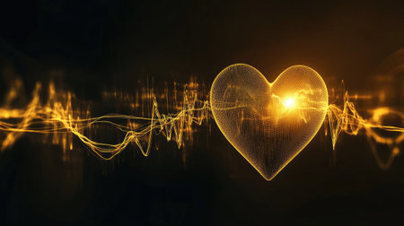 This digital artwork features a glowing golden heart shape amidst stylized soundwaves, symbolizing love, vitality, and emotional connection in a vibrant abstract design.の素材