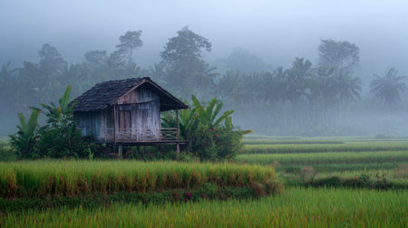 A rustic wooden hut stands amidst lush rice fields, shrouded in mist. This tranquil morning scene captures the serene beauty of rural landscapes and agriculture.の素材