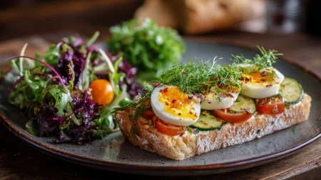A vibrant open-faced sandwich topped with fresh eggs, tomatoes, and cucumber, served alongside a colorful salad on a rustic wooden table, perfect for any meal.の素材