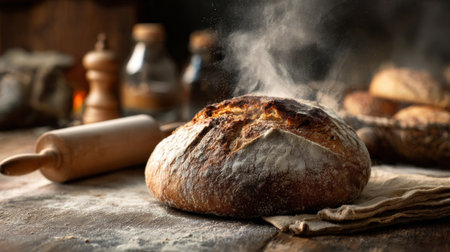 A beautifully baked artisan bread sits on a rustic wooden table, surrounded by flour and kitchen tools, evoking a warm, cozy atmosphere perfect for culinary delights.の素材