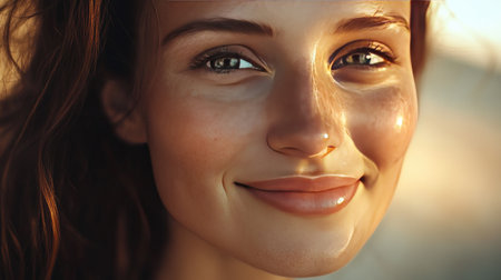 A close-up portrait of a young woman smiling warmly in the sunlight during sunset, showcasing natural beauty and a vibrant expression of joy and confidence.の素材