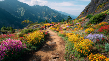 Explore a breathtaking pathway adorned with vibrant wildflowers against the backdrop of majestic mountains and a serene blue sky. Perfect for nature lovers.の素材