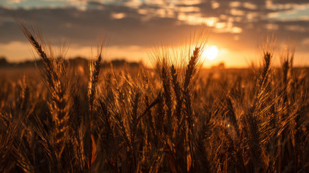 A tranquil scene of golden wheat swaying gently in the breeze at sunset, showcasing the beauty of nature and the warmth of the evening light in a rural landscape.の素材