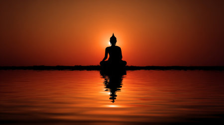 A tranquil scene featuring a Buddha silhouette against a striking sunset, reflecting on calm water. This image evokes feelings of peace, spirituality, and meditation.の素材
