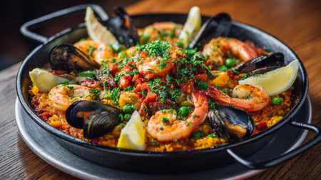 A beautiful paella featuring succulent shrimp, fresh mussels, and vibrant vegetables. This dish is ideal for showcasing culinary art and Mediterranean dining culture.の素材