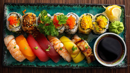 An inviting spread of sushi rolls artfully arranged on a green plate, complemented by fresh herbs, lemon slices, wasabi, and soy sauce, ideal for lovers of Japanese cuisine.の素材