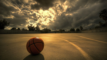 A lone basketball rests on an empty court under a dramatic sunset sky. The vibrant orange contrasts against the dark clouds, adding a sense of solitude and calm.の素材
