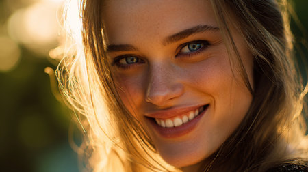 A portrait of a young woman with a warm smile illuminated by golden sunset light, capturing joy and beauty in a tranquil nature setting, perfect for uplifting images.の素材